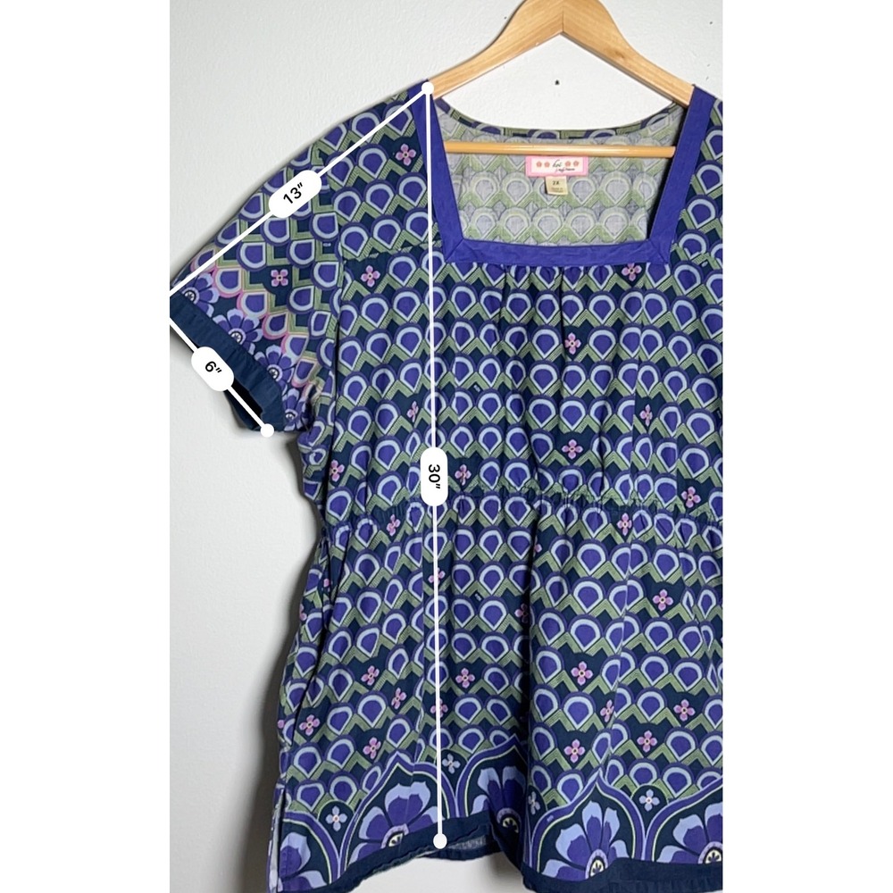 Koi by Kathy Peterson Womens Scrub Top Purple Green Geometric Comfy Cotton 2X - Picture 4 of 11